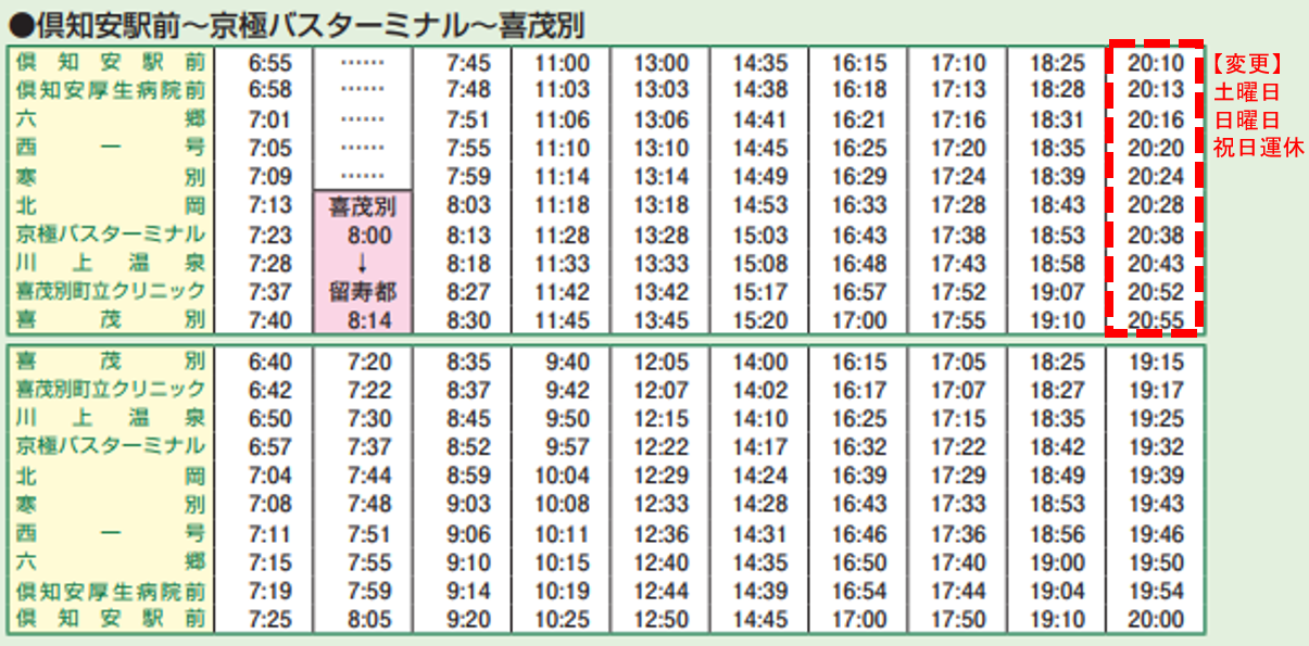 道南バス時刻表の変更