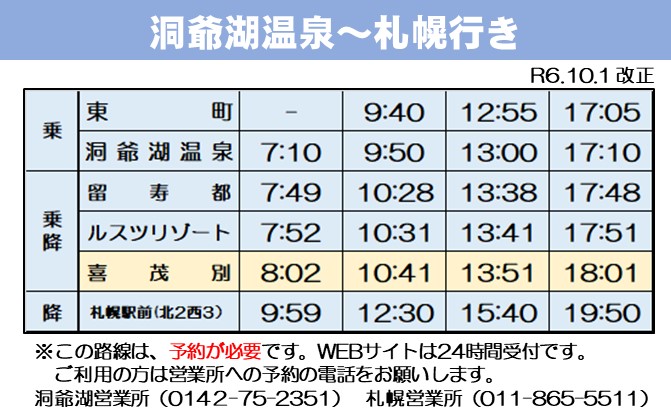 洞爺湖温泉～札幌行き時刻表